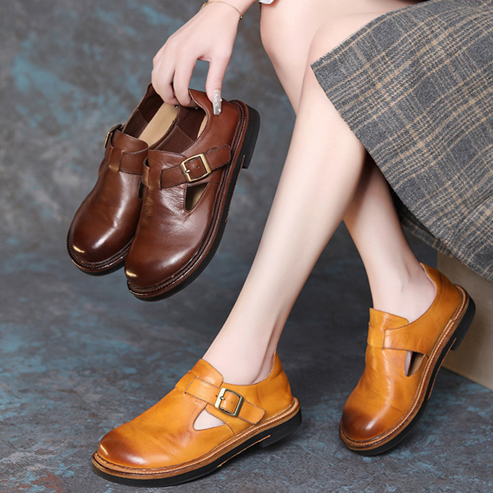 British style Round Toe Adjustable Buckle Soft Leather Shoes