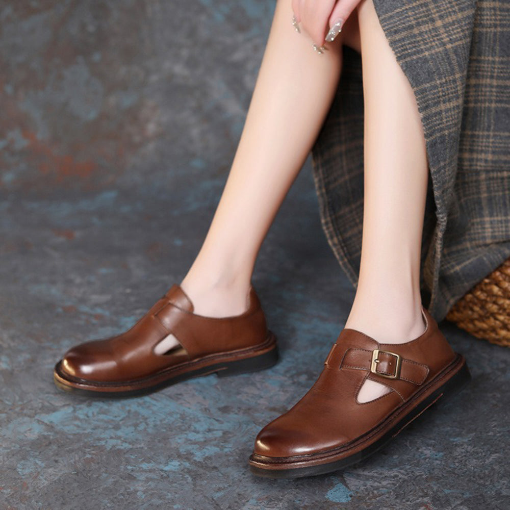 British style Round Toe Adjustable Buckle Soft Leather Shoes