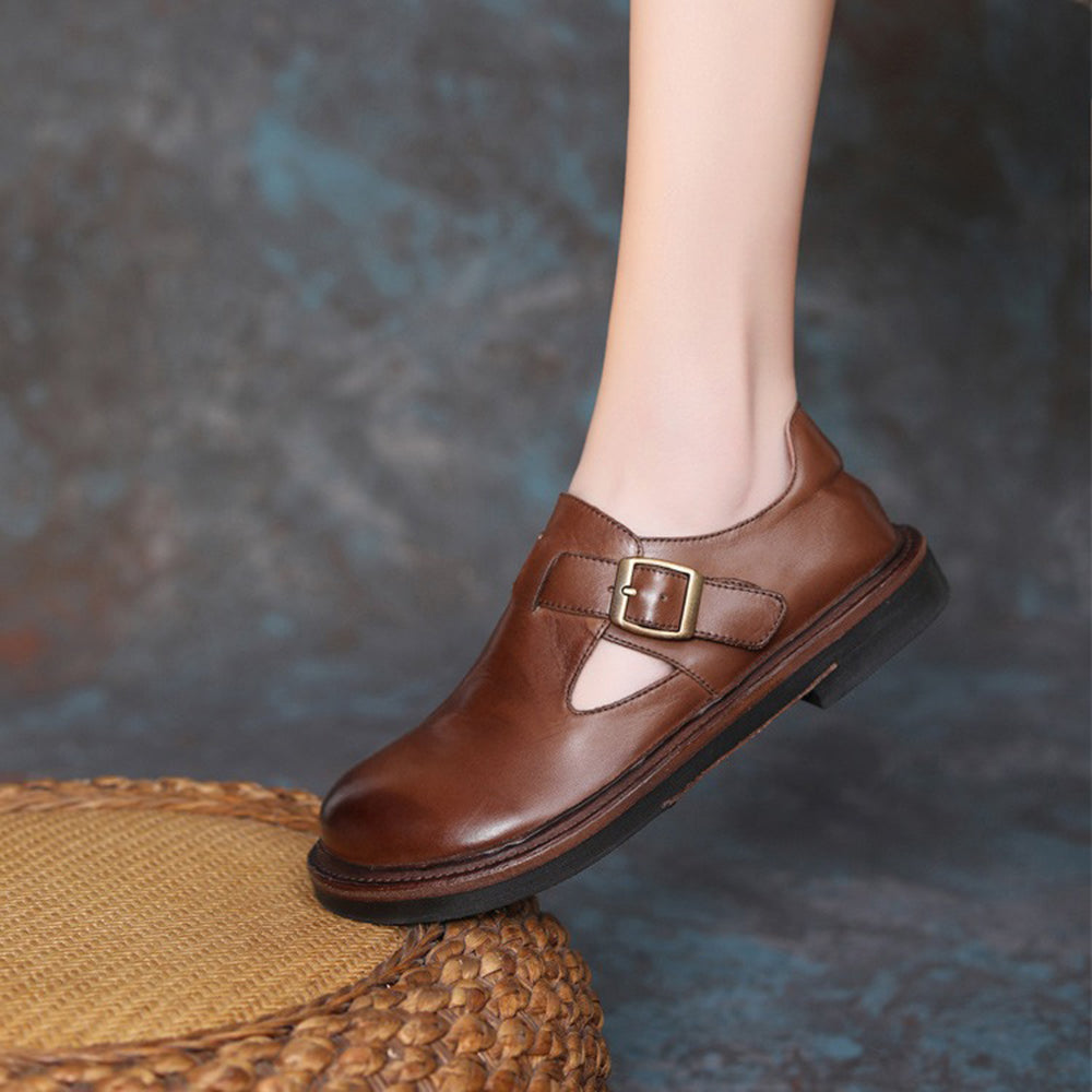 British style Round Toe Adjustable Buckle Soft Leather Shoes