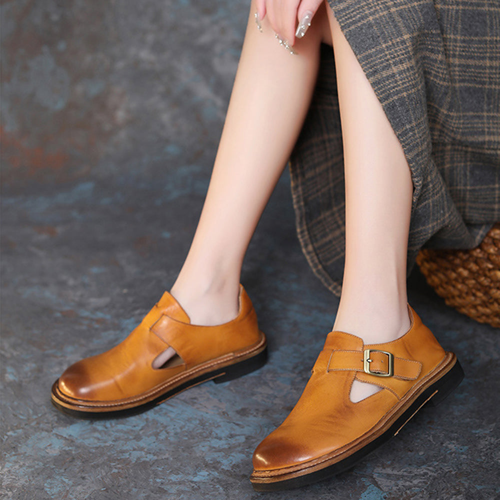 British style Round Toe Adjustable Buckle Soft Leather Shoes