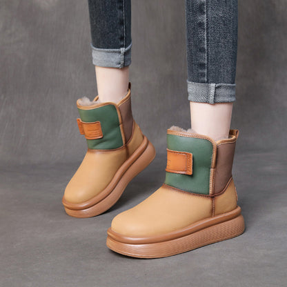 Color-Block Plush Leather Warm Snow Boots