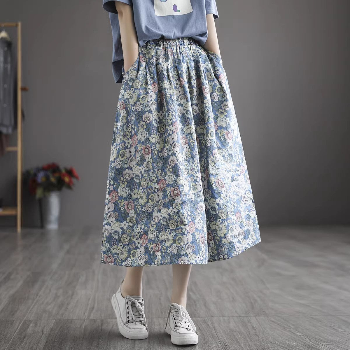 Cotton Floral Elastic Waist Pleated A-Line Skirt – Retrosia