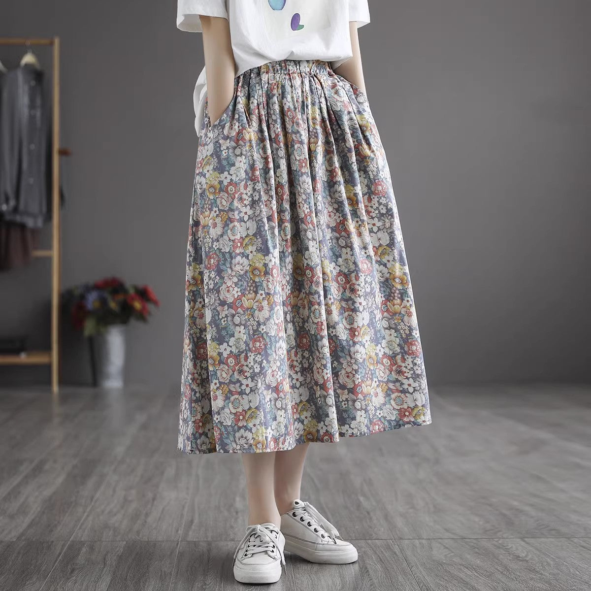 Cotton Floral Elastic Waist Pleated A-Line Skirt