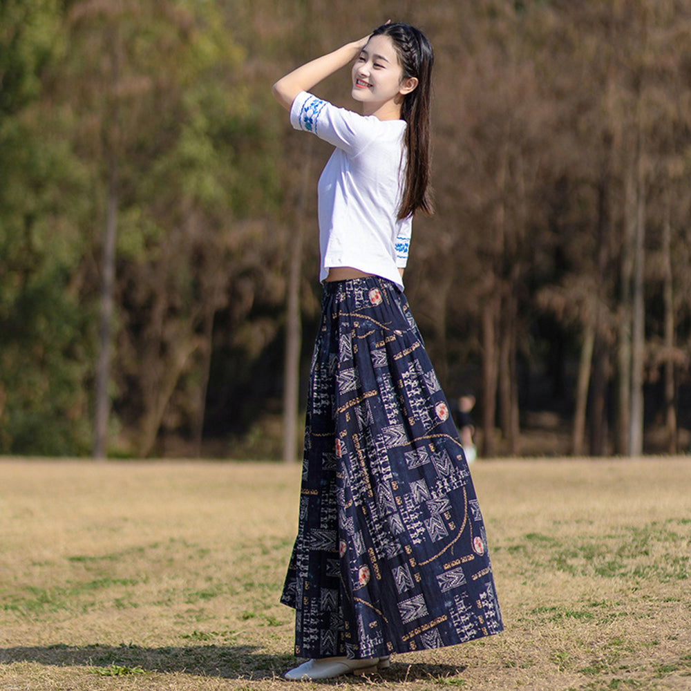 Cotton Linen Elastic Waist Loose Printed Skirt