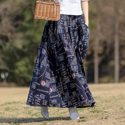 Cotton Linen Elastic Waist Loose Printed Skirt