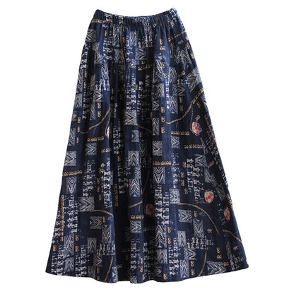 Cotton Linen Elastic Waist Loose Printed Skirt