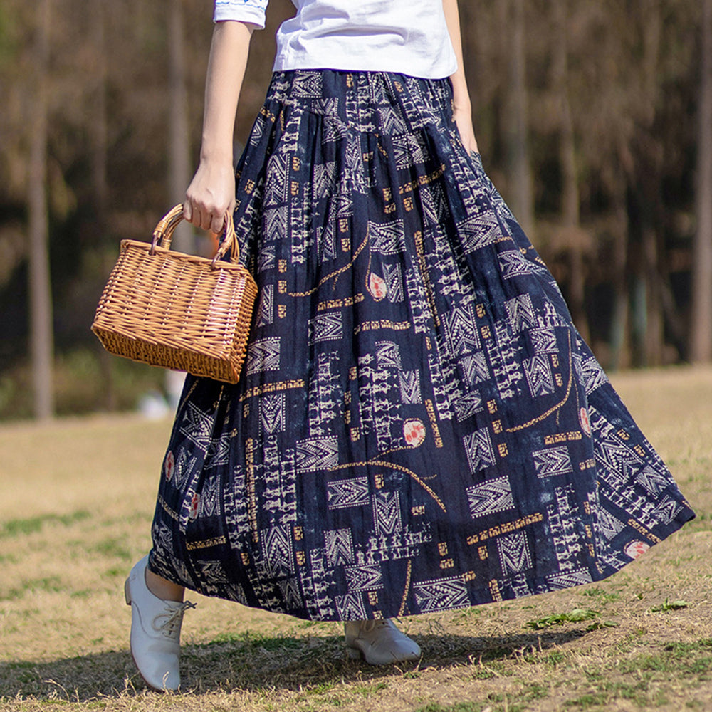 Cotton Linen Elastic Waist Loose Printed Skirt