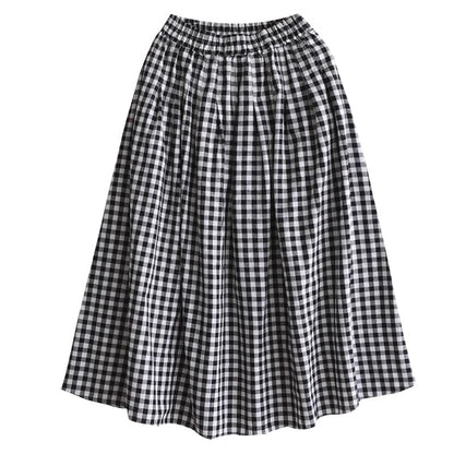 Cotton Linen High Waist Plaid A-line Skirt for Women