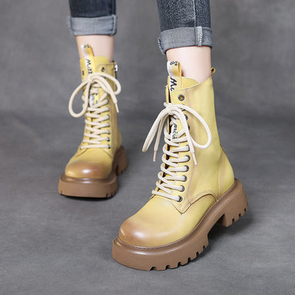 Cowhide Mid-calf Platform Lace-up Knight Boots