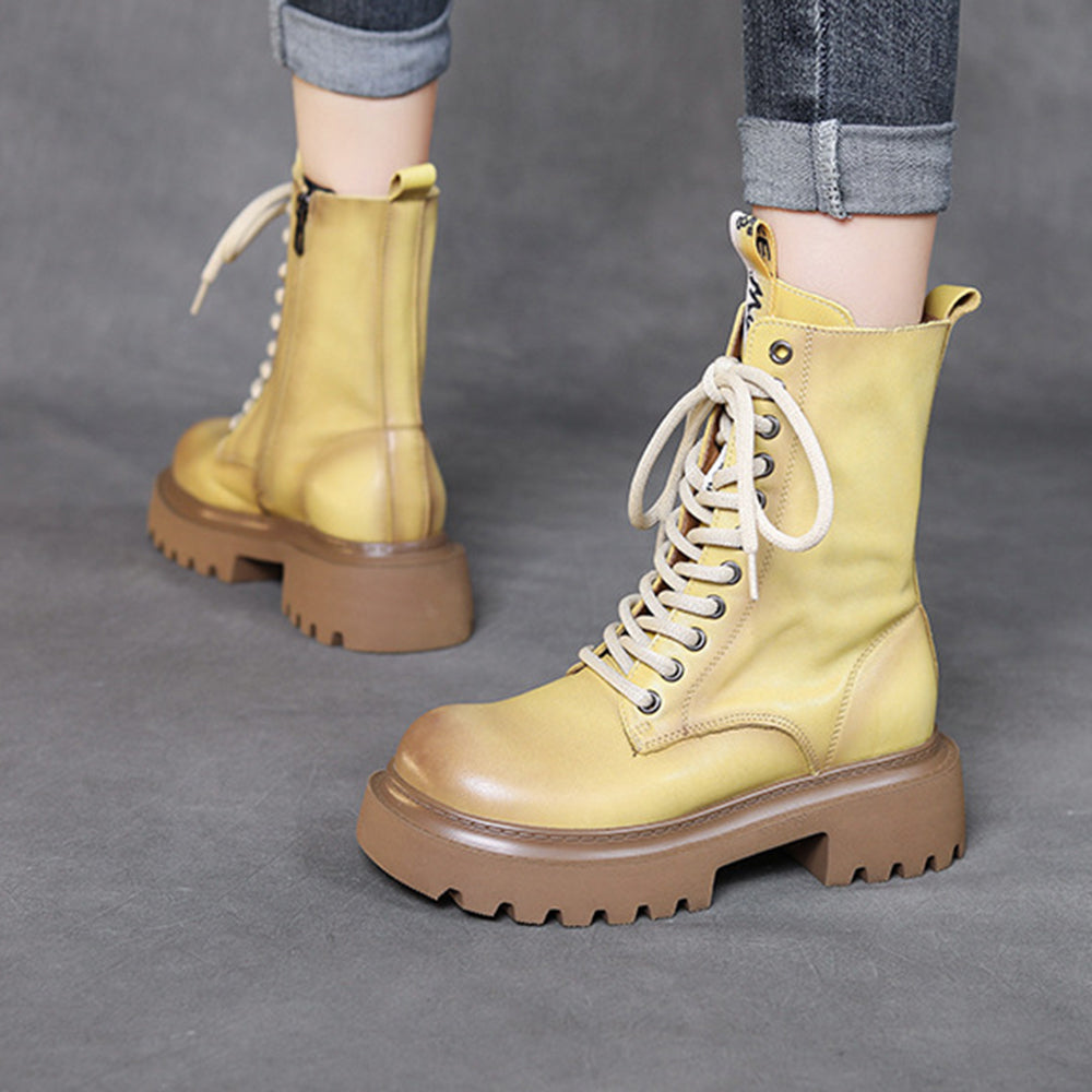 Cowhide Mid-calf Platform Lace-up Knight Boots