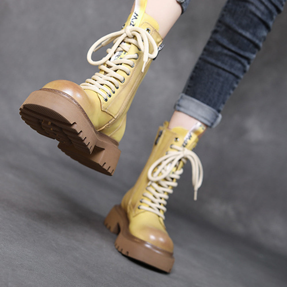 Cowhide Mid-calf Platform Lace-up Knight Boots