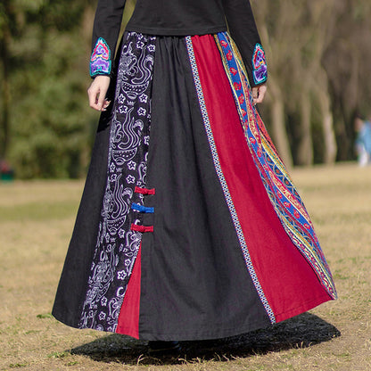 Ethnic Style Cotton Linen Color-block Stitched Elastic Waist A-line Skirt