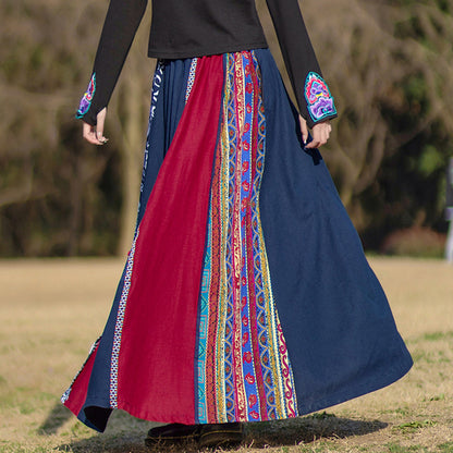 Ethnic Style Cotton Linen Color-block Stitched Elastic Waist A-line Skirt