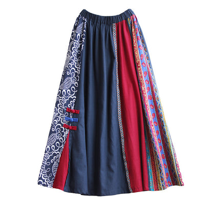 Ethnic Style Cotton Linen Color-block Stitched Elastic Waist A-line Skirt