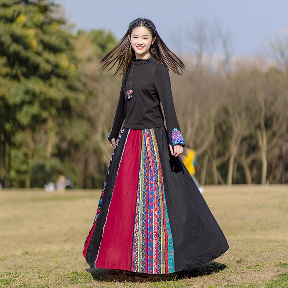 Ethnic Style Cotton Linen Color-block Stitched Elastic Waist A-line Skirt