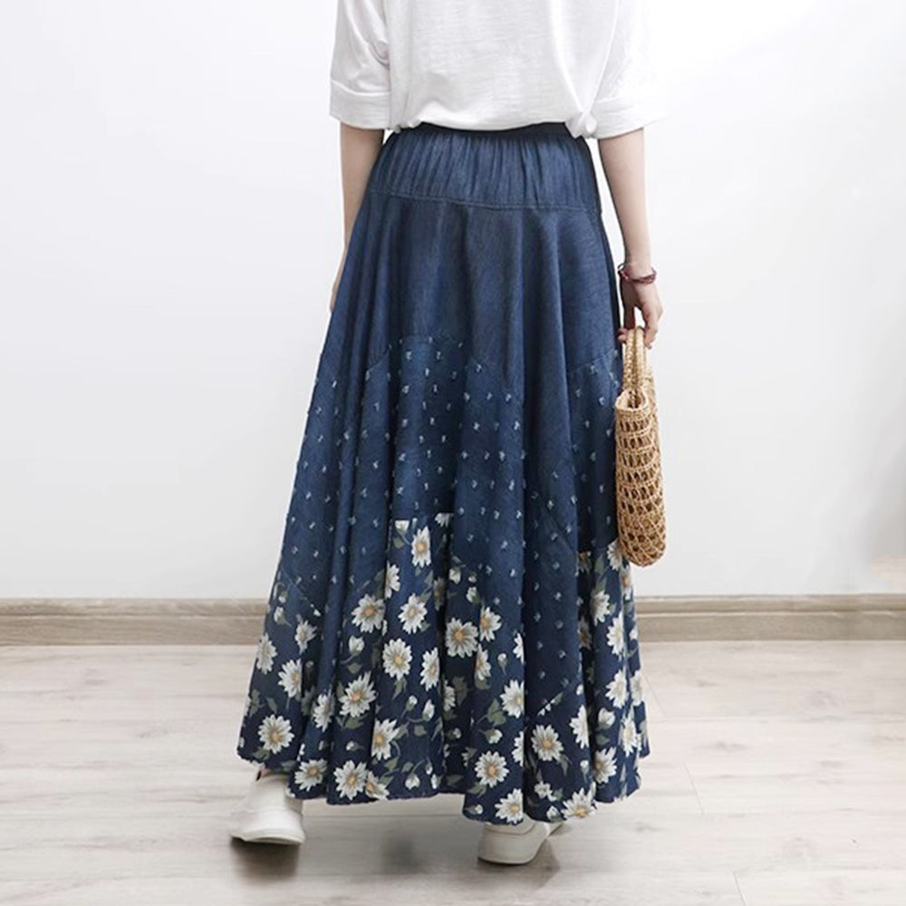 Floral Printed High-Rise Frayed Denim Skirt