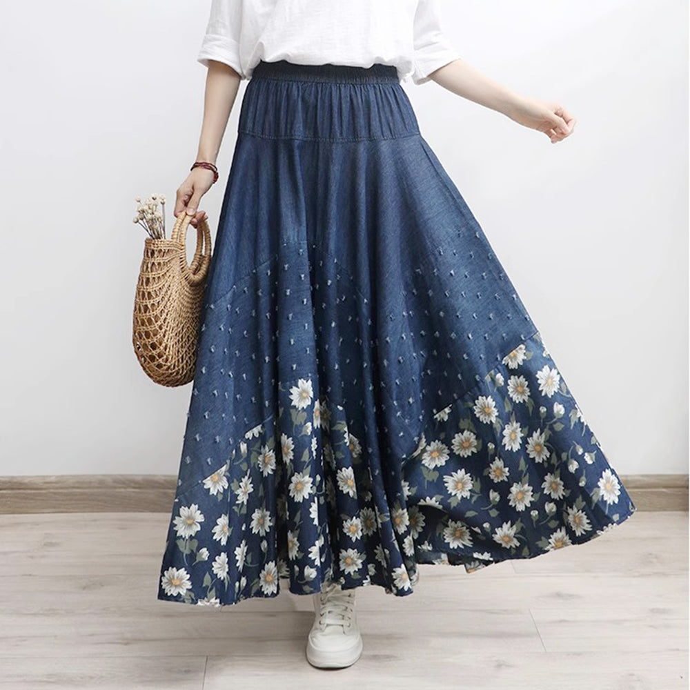 Floral Printed High-Rise Frayed Denim Skirt