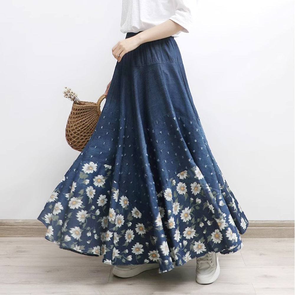 Floral Printed High-Rise Frayed Denim Skirt