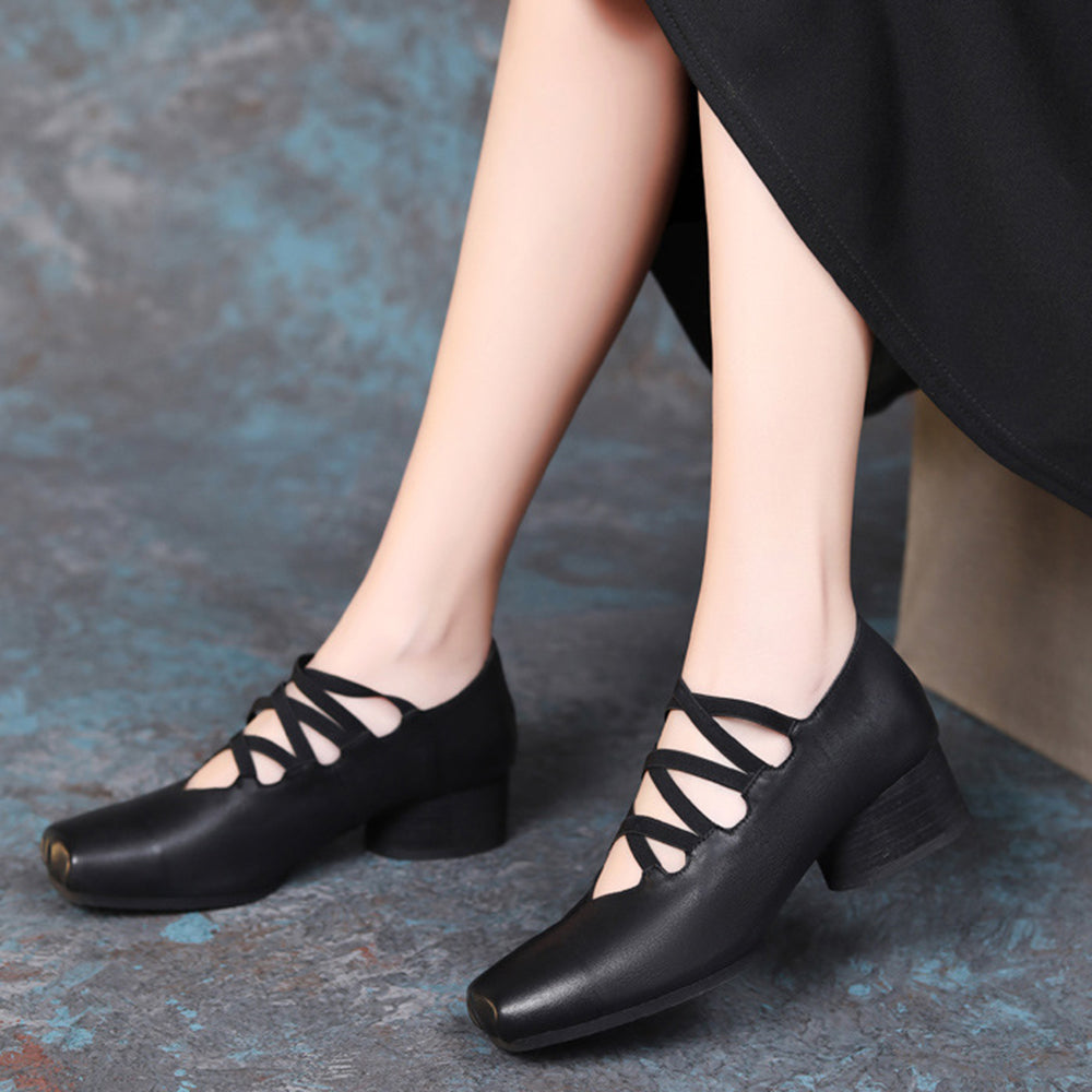 French Style Square Toe Mid-Heel Mary Jane Ballet Shoes