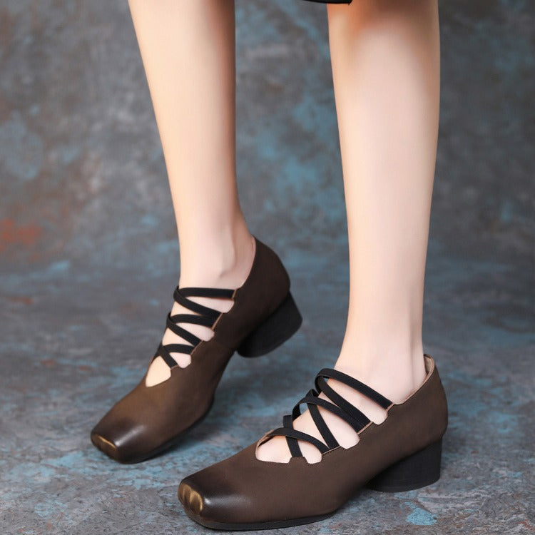 French Style Square Toe Mid-Heel Mary Jane Ballet Shoes