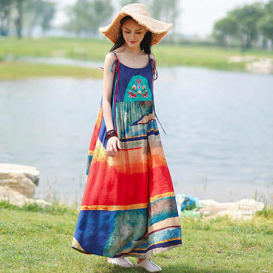 Holiday Colorful Printed Tie Strap Dress