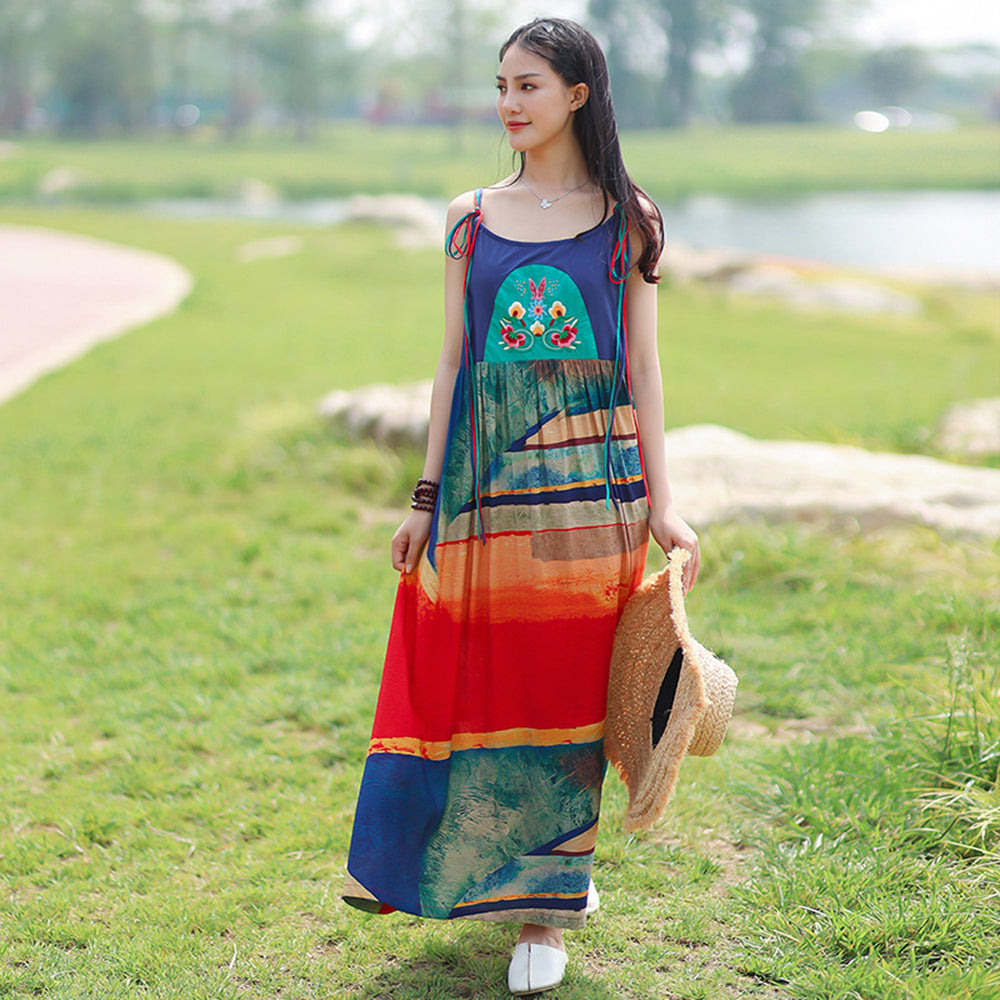 Holiday Colorful Printed Tie Strap Dress