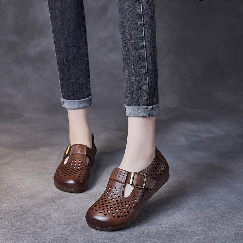 Hollow-out Women Leather Flat Shoes With Buckle Accents