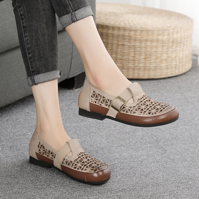 Leather Breathable Hollow-Out Flat Shoes With Buckle Accents – Retrosia