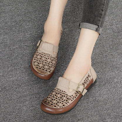 Leather Breathable Hollow-Out Flat Shoes With Buckle Accents