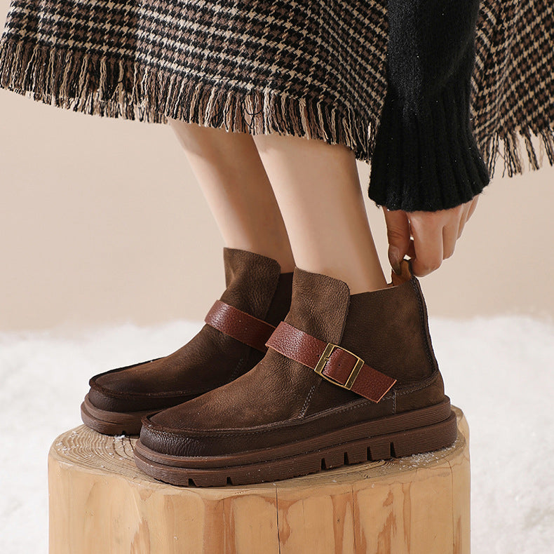 Retro British Style Ankle Boots with Buckle Accents