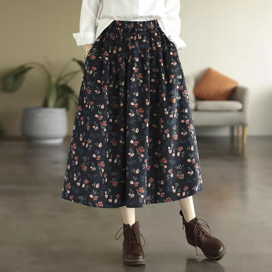 Retro Corduroy Floral High-Rise A-line Skirt