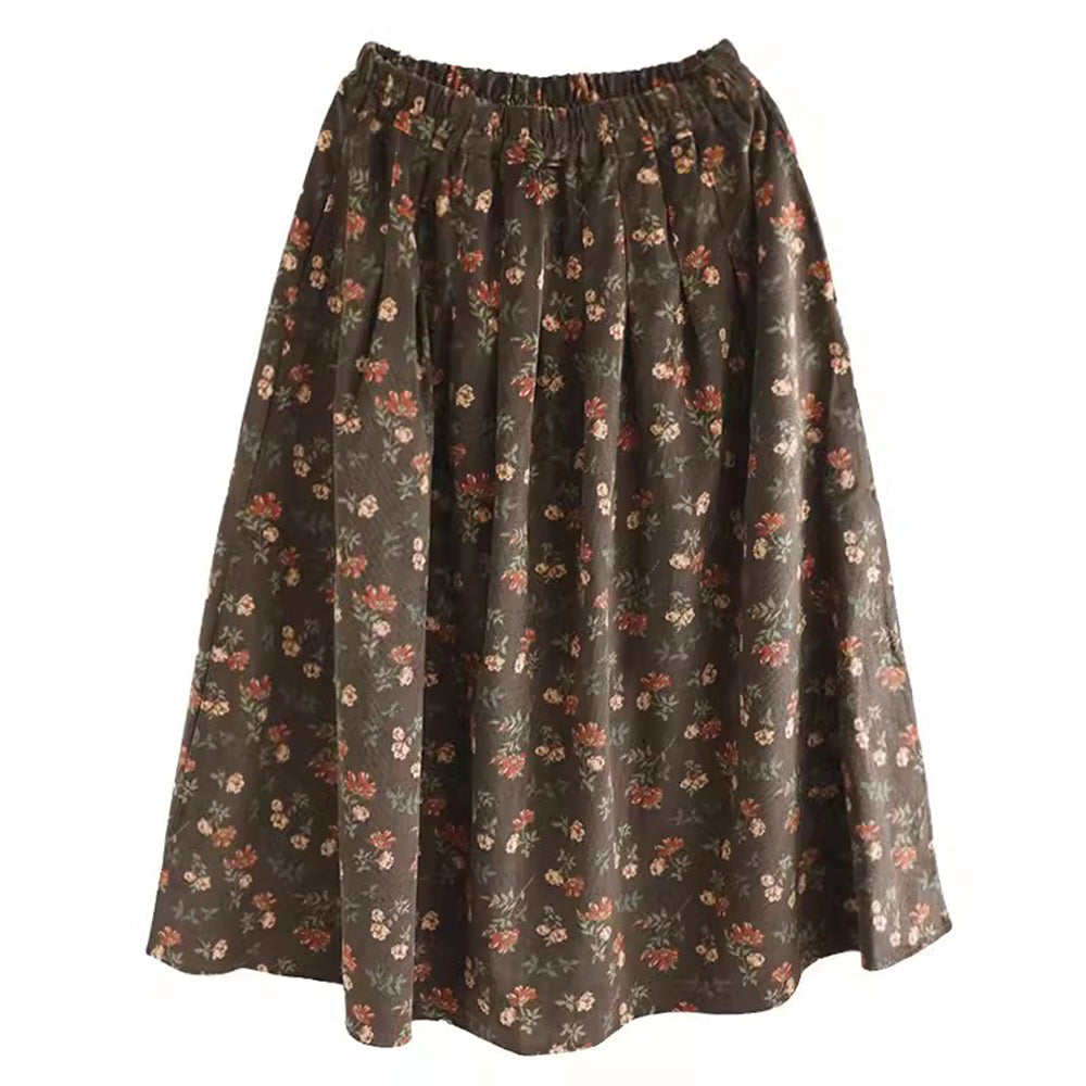 Retro Corduroy Floral High-Rise A-line Skirt