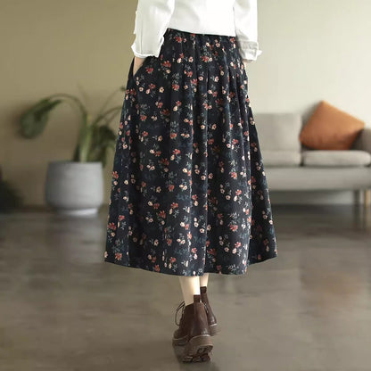 Retro Corduroy Floral High-Rise A-line Skirt