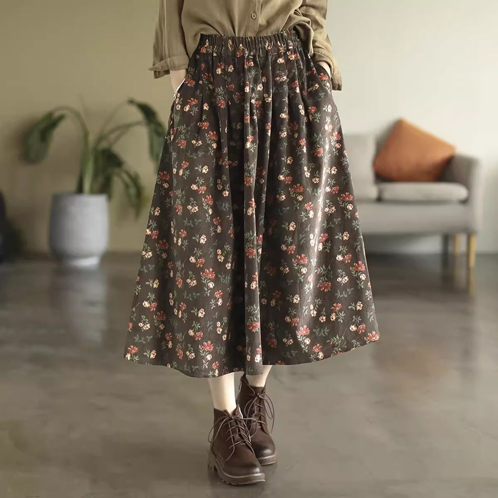 Retro Corduroy Floral High-Rise A-line Skirt