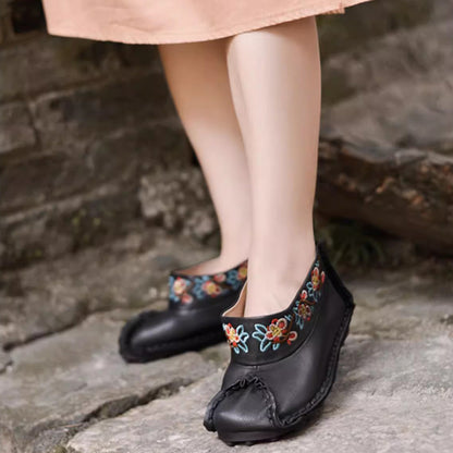 Retro Women Slip-On Embroidered Ethnic Style Genuine Leather Shoes