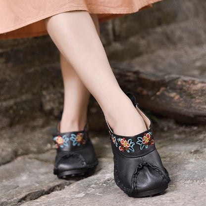 Retro Women Slip-On Embroidered Ethnic Style Genuine Leather Shoes