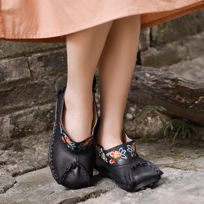 Retro Women Slip-On Embroidered Ethnic Style Genuine Leather Shoes