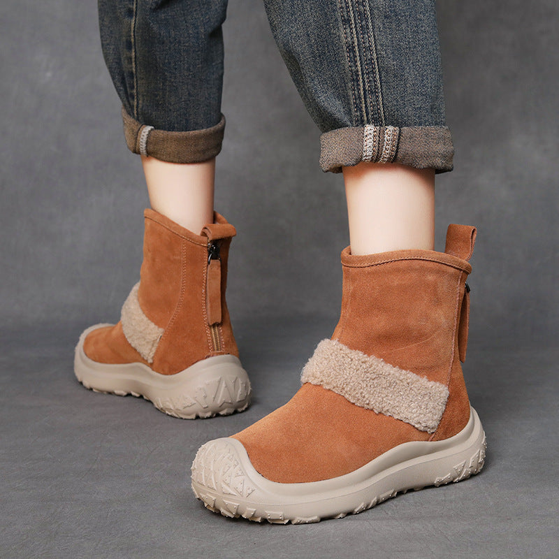 Suede Leather Rear Zipper Snow Boots