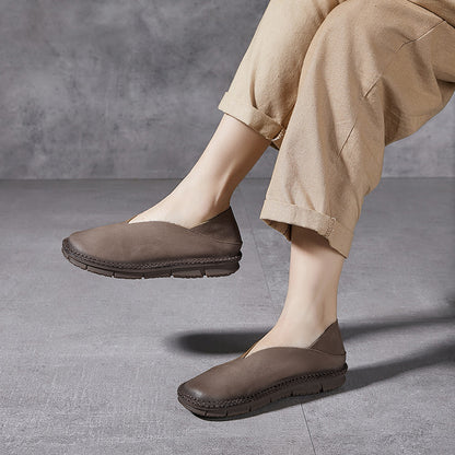 V-cut Slip-On Flat Leather Shoes Slippers