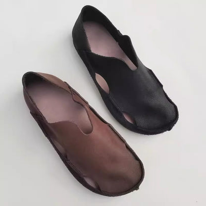 Wide Toe Cut-out Flat Leather Shoes