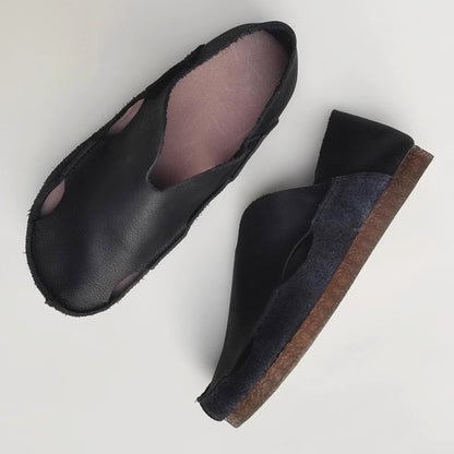 Wide Toe Cut-out Flat Leather Shoes