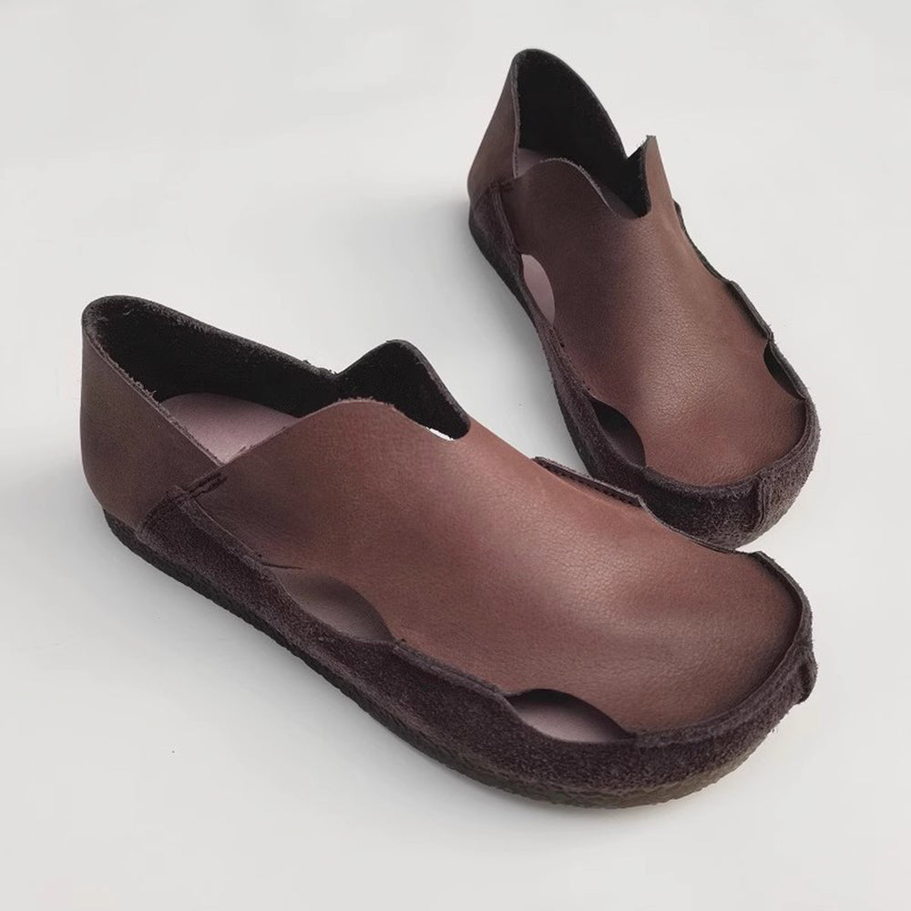 Wide Toe Cut-out Flat Leather Shoes