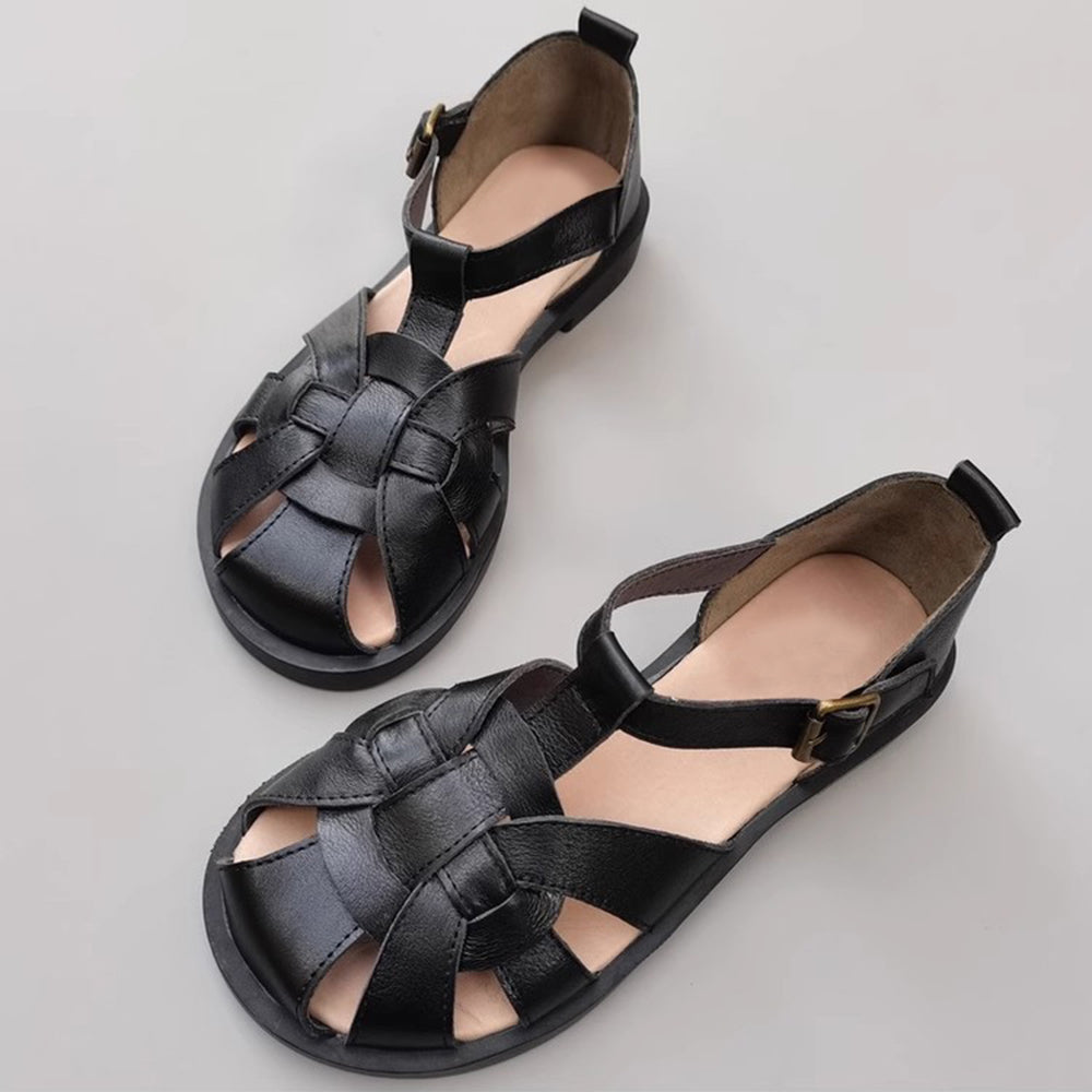 Wide Toe Leather Woven Sandals