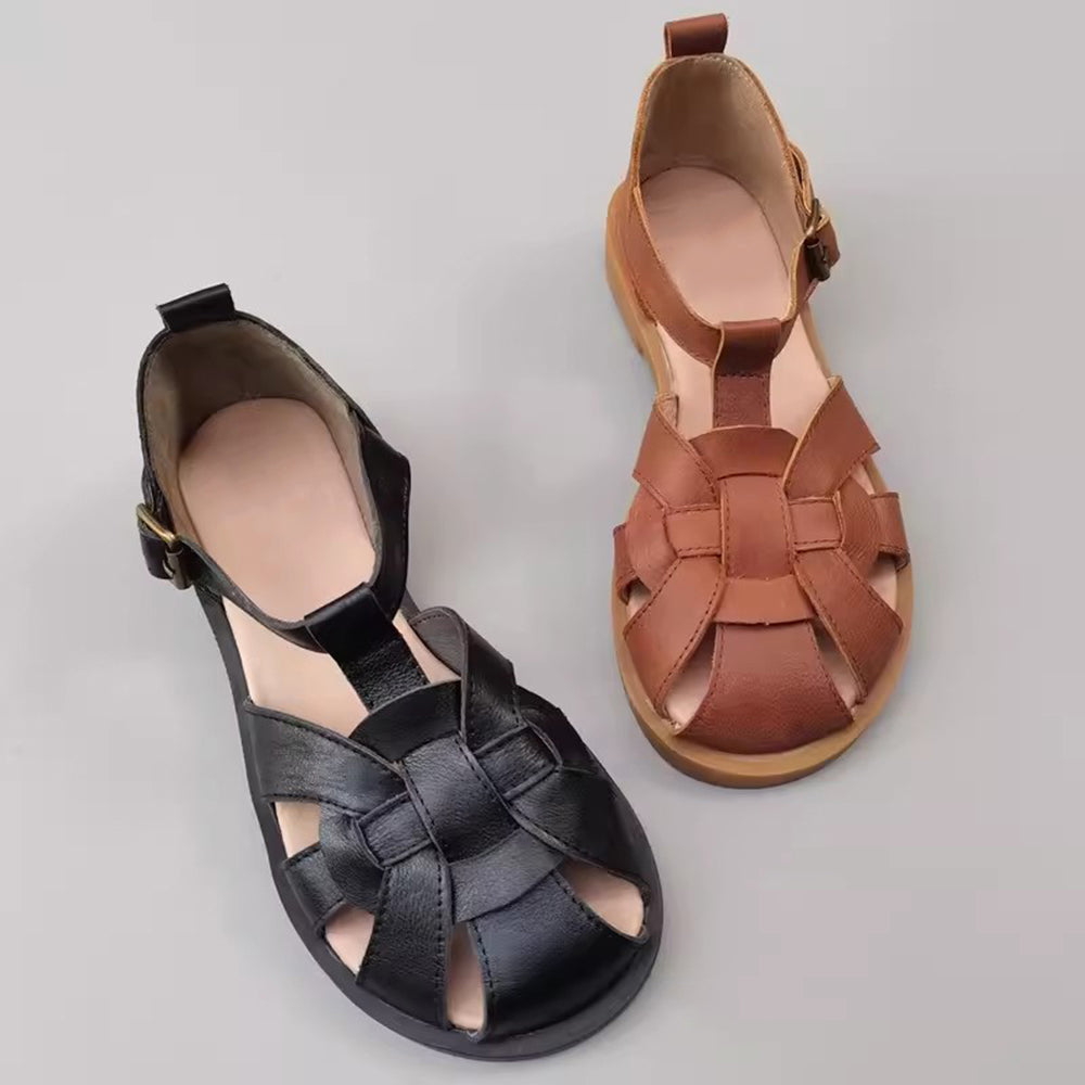 Wide Toe Leather Woven Sandals