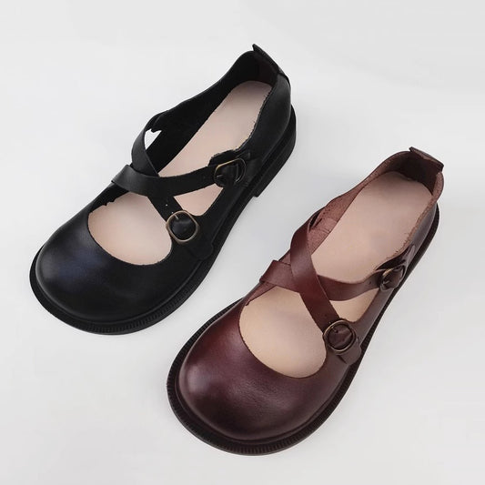 Women Leather Cross Belt Flat Shoes