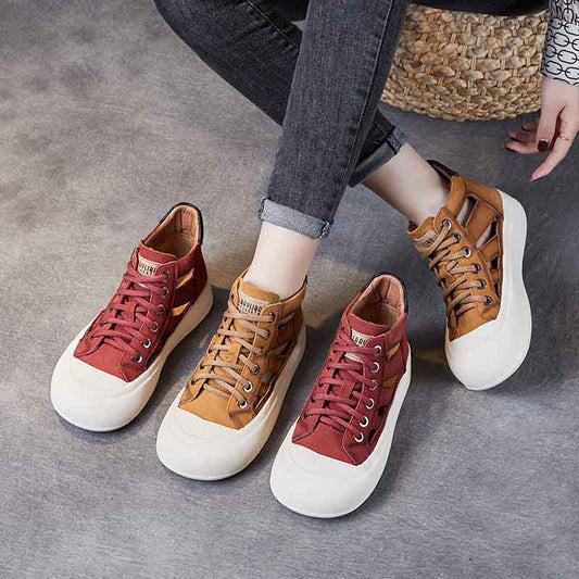 Women Leather Hollow-out High-top Lace-up Shoes