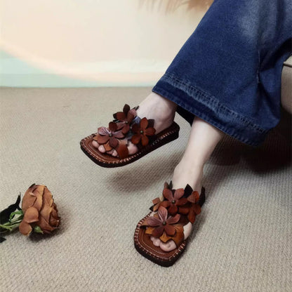 Women Square Toe Leather Applique Slippers