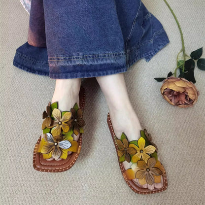 Women Square Toe Leather Applique Slippers