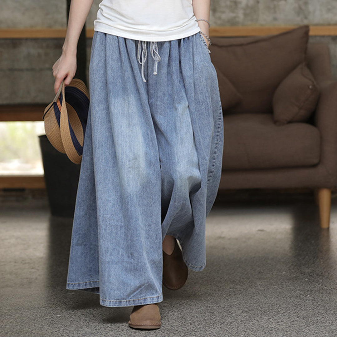 Casual Blue Shift Wide Leg Denim Pants - Luckyback