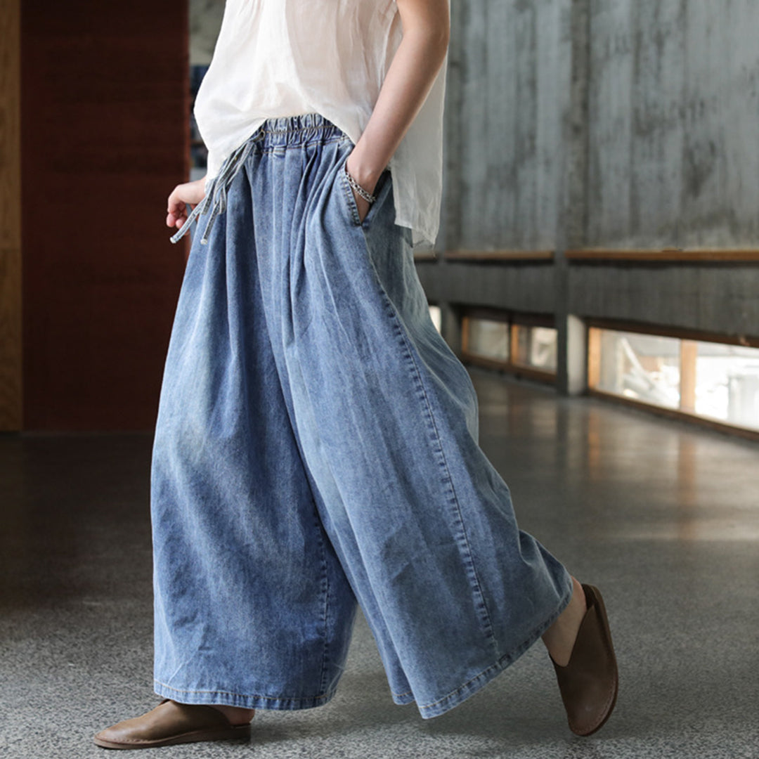 Casual Blue Shift Wide Leg Denim Pants - Luckyback